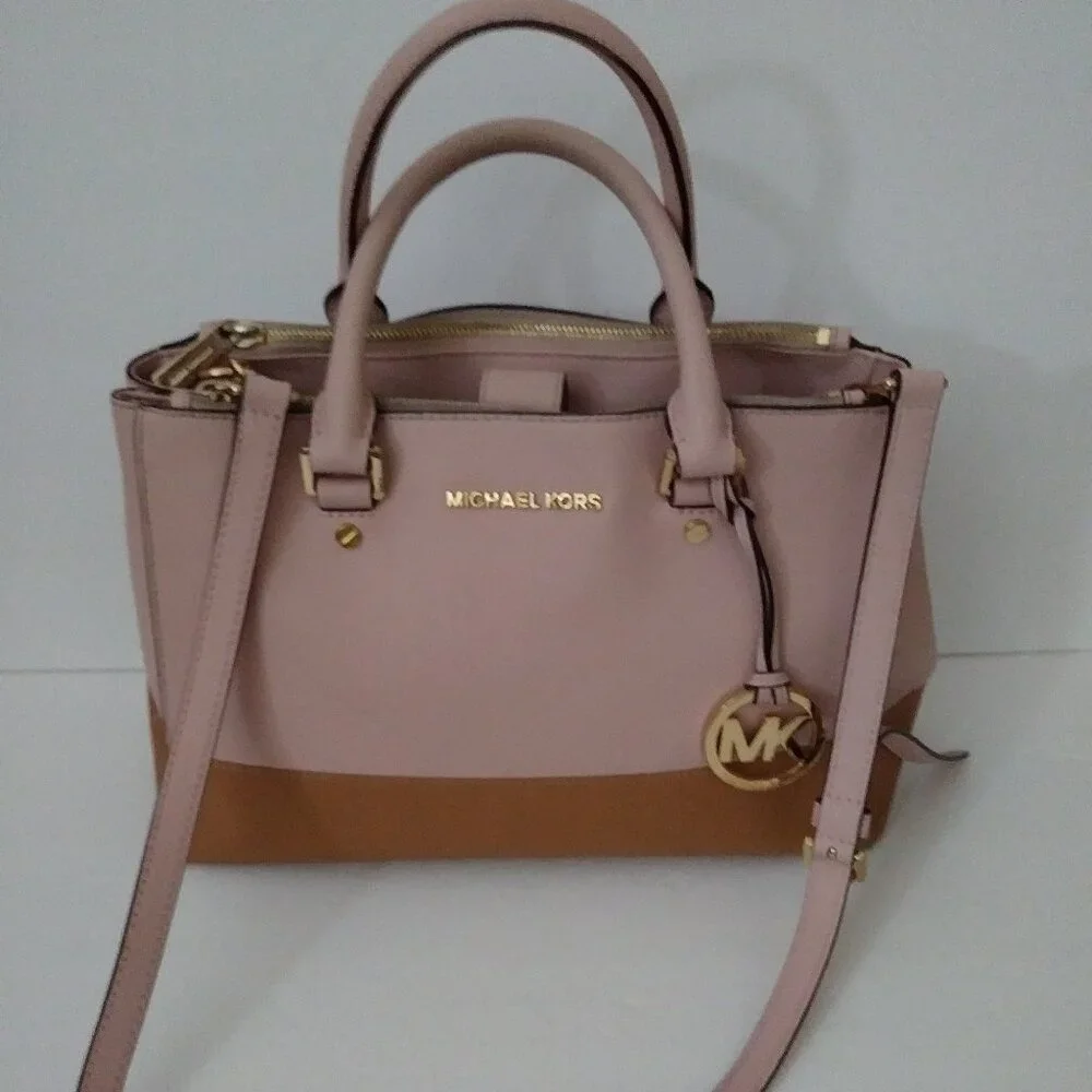 Michael Kors Satchel Bag Purse Double Handle Logo Charm Pink/Tan - Picture 1 of 16